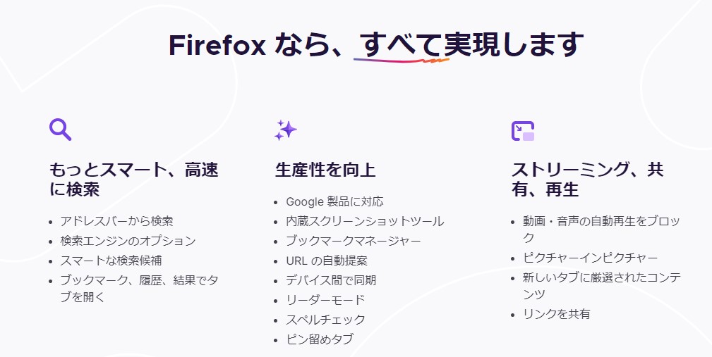 Firefoxの主な特徴
