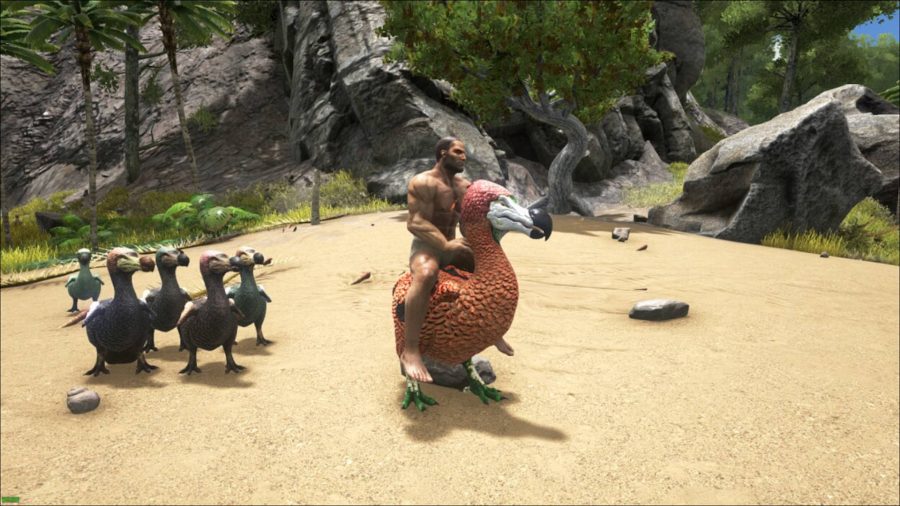 The player is riding a big dodo with a Ark Survival Evolved mod. Babies waddle behind them.